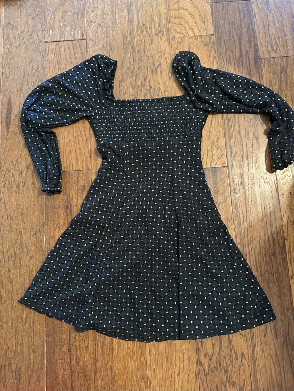 Lily Rose Black Square-Neck Smocked Midi Dress with Gold Dot Grid